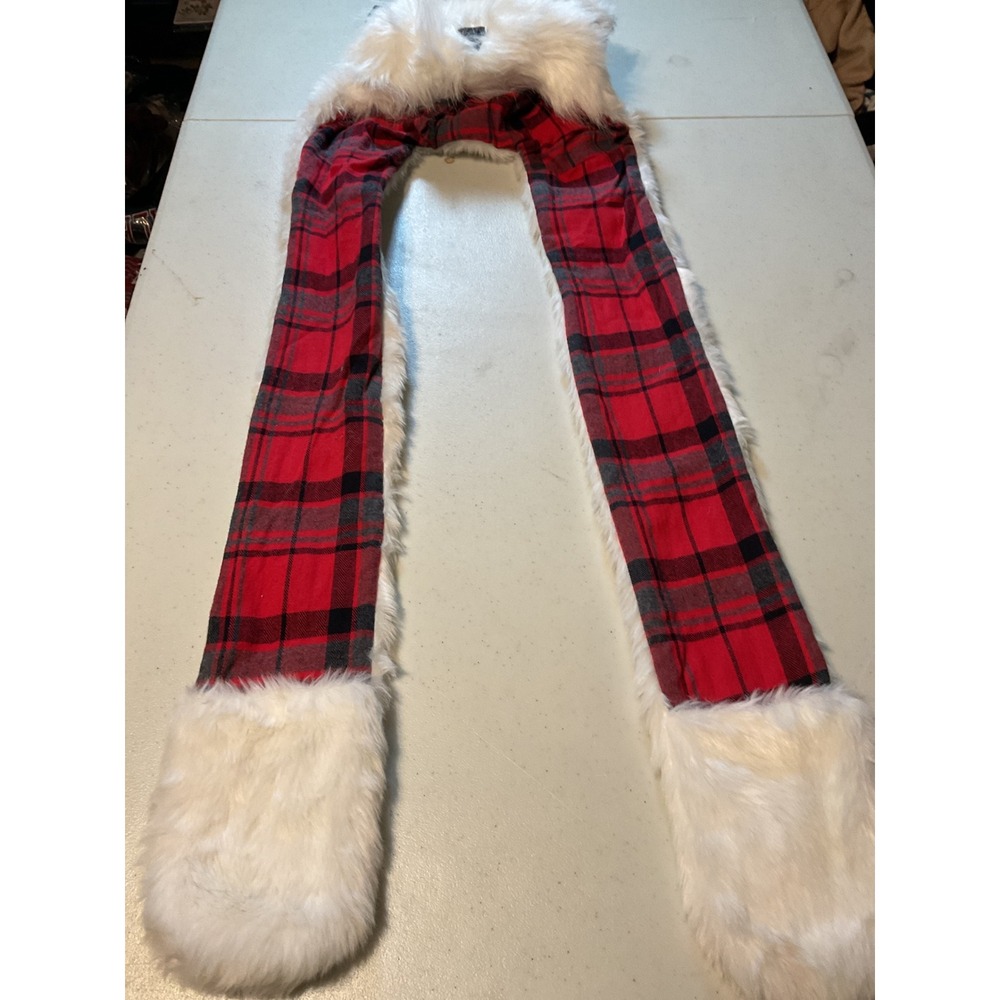 New Polar Bear Faux‎ Fur Hooded Scarf with Mittens Red Plaid Buffalo Check